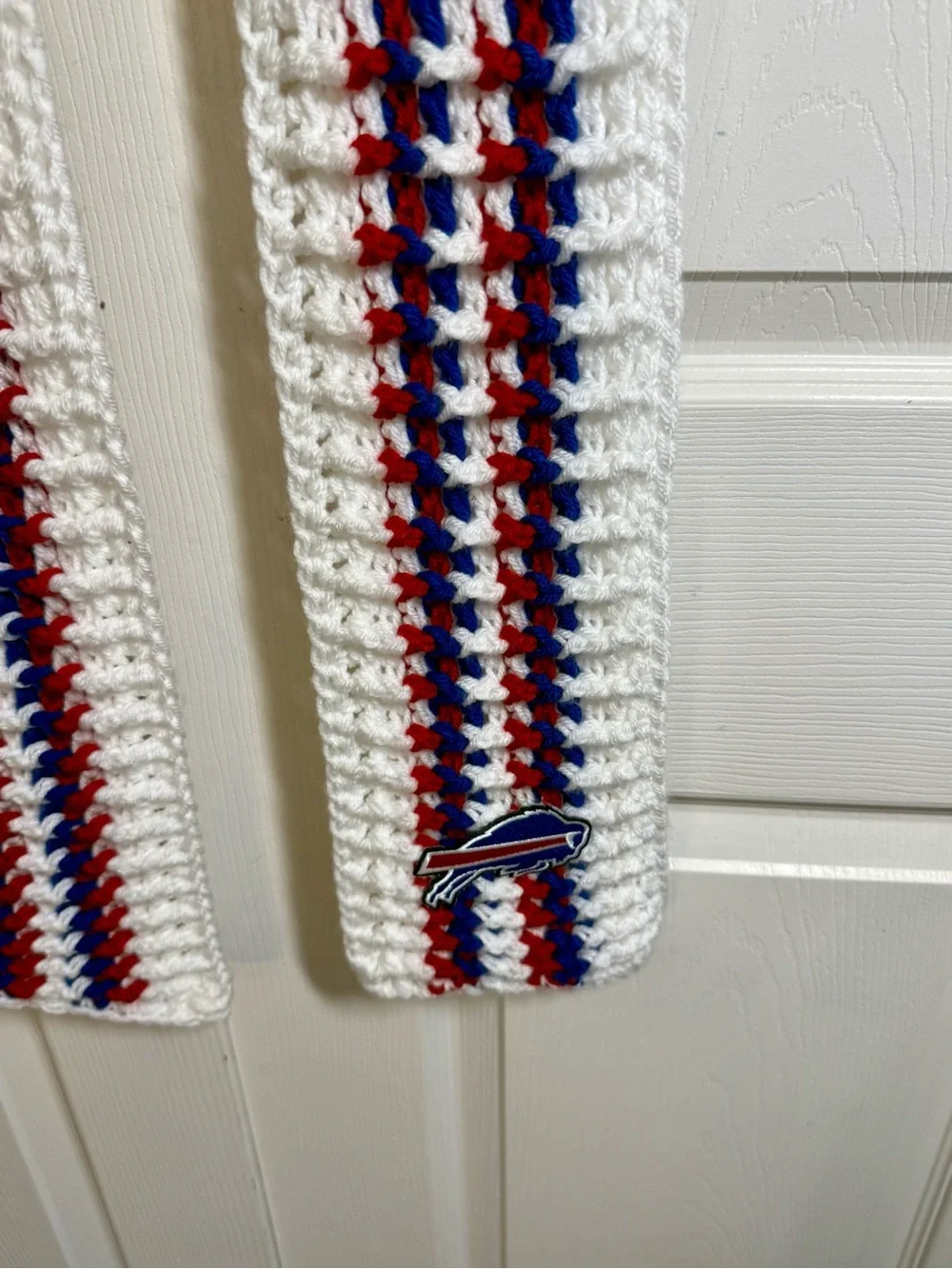 Team inspired Buffalo Bills White Crochet Scarf with Red and Blue Stripes